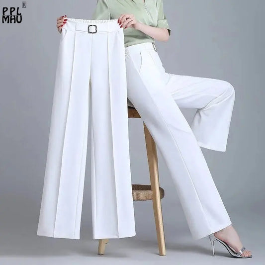 Khaki High-Waist Ice Silk Wide-Leg Trousers - Summer Design, Elegant Elastic Waist Baggy Pants for Women