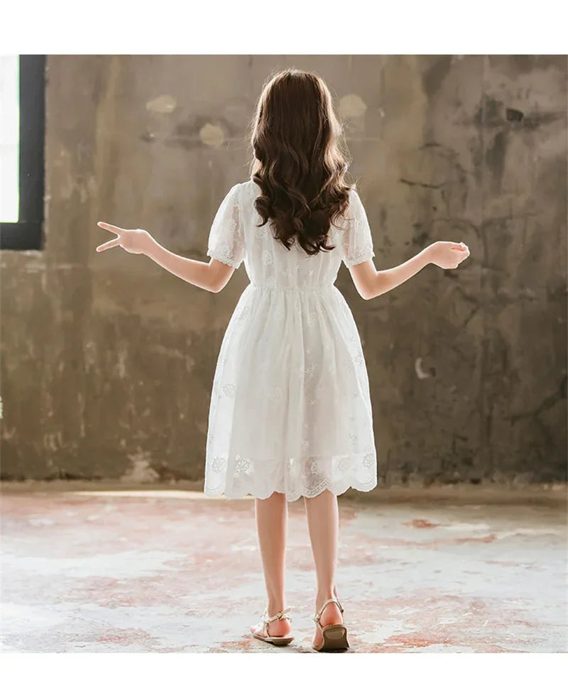 Kids' White Lace Dress - Long Sleeve Wedding & Party Dress (6-16Y)