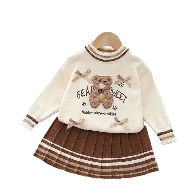 Autumn/Winter Girls' 2-Piece Set – Letter Bear Sweater and Striped Pleated Skirt