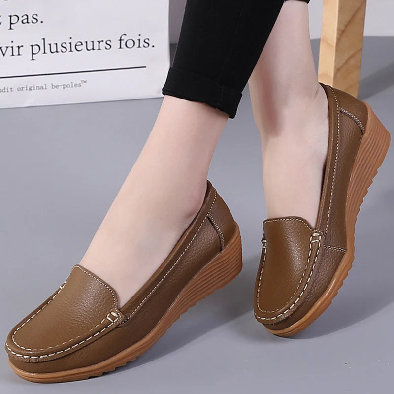 Women's Soft Leather Heeled Loafers - Casual Flat Moccasins