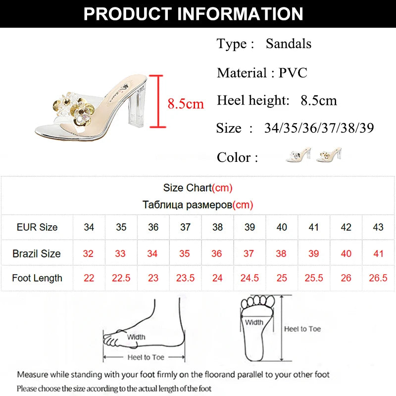 Women's Summer Crystal Transparent PVC Slip-On Sandals, Open Toe Heeled Slides