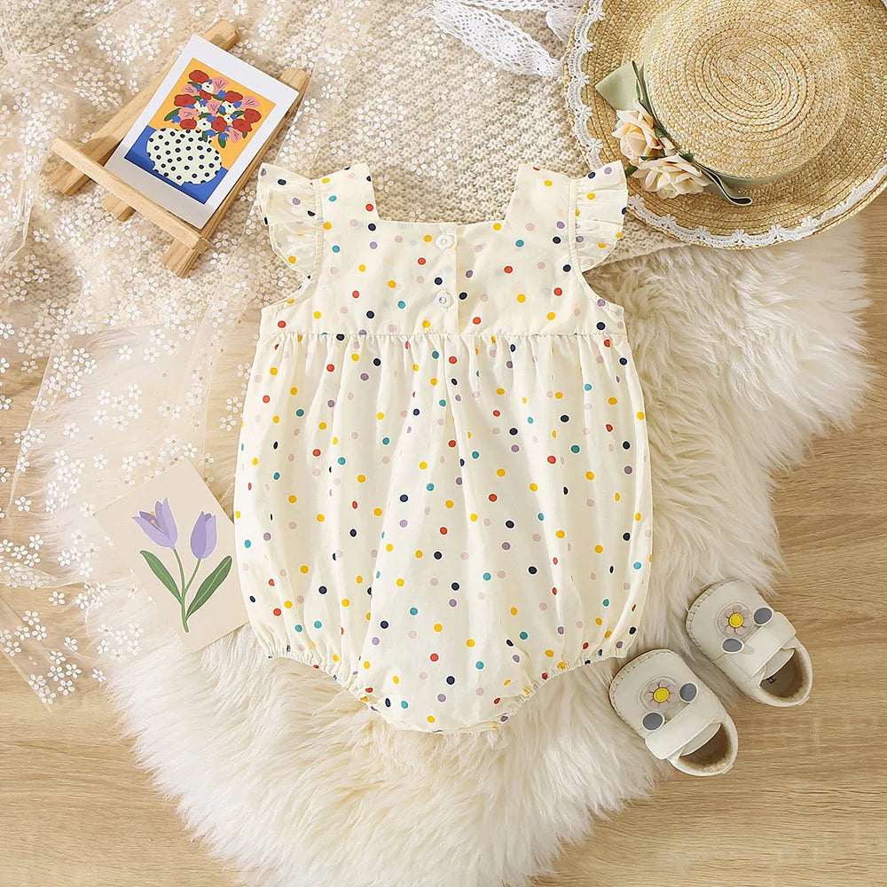 Summer New Baby Girls Hip Skirt Small Flying Sleeve Flower Embroidery Square Collar Color Polka Dot Square Collar One-Piece