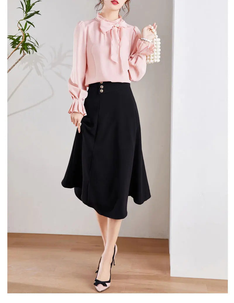 Women’s Bow Blouse – Stand Collar Solid Color Shirt with Ruffles for Spring