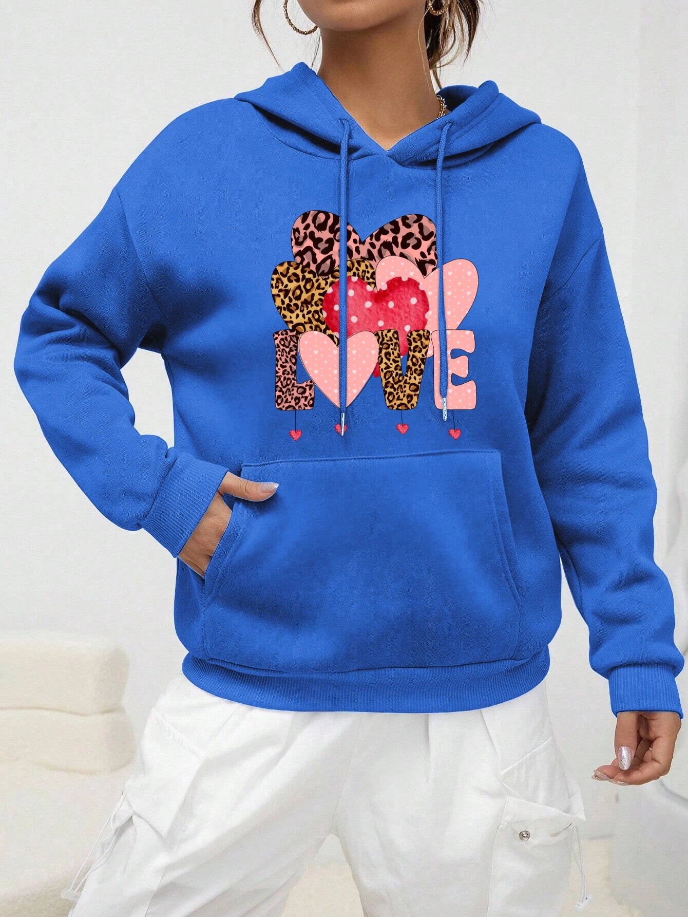 Creative Leopard Print Love Fleece Pullover Hoodie for Women