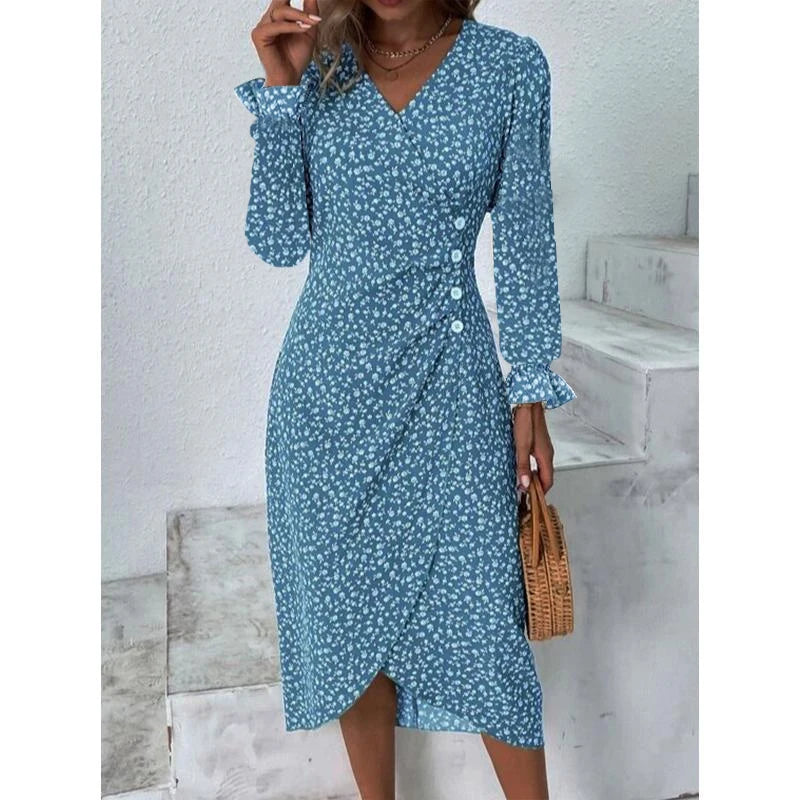 Elegant Floral Pleated Midi Dress - V Neck Puff Sleeve Summer Dress