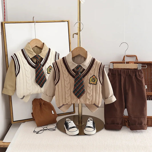 Autumn Preppy Style 3PCS Boys Outfit - Cotton Shirt, Knitted Vest & Pants Set