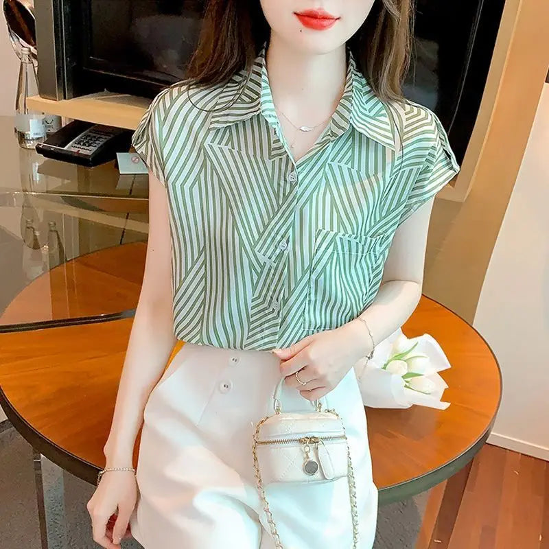 Women's Summer Chiffon Shirts – Fashion Lapel Button Pockets with Printed Stripes, Loose Korean Tops