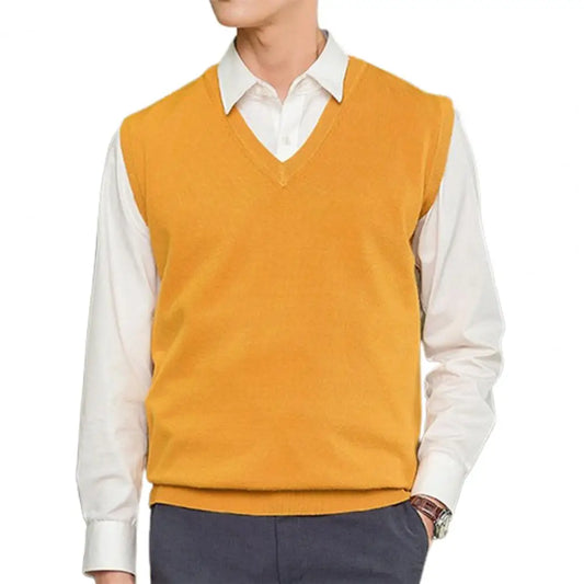 Men's Sleeveless Sweater Vest – Solid Color, Loose Fit, V-Neck Knitted Pullover Waistcoat