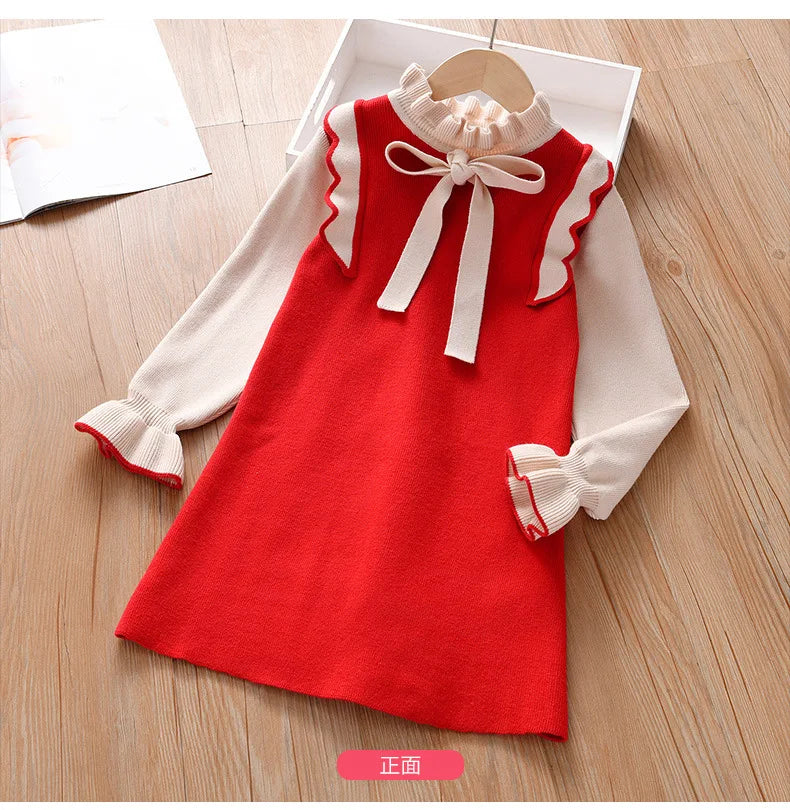 Autumn/Winter Teen Girls Bowtie Knit Sweater Dress - Holiday Style