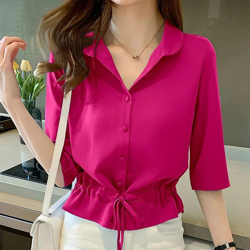 Summer Women’s Solid Chiffon Shirt – Turn-down Collar, Half Sleeve, Shirring Detail