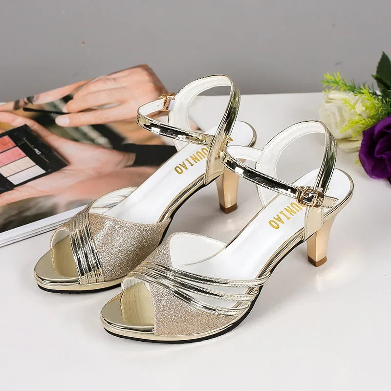 Summer Peep-Toe High Heels - Women's Fashion Sandals, 6cm Heel, Gold/Silver