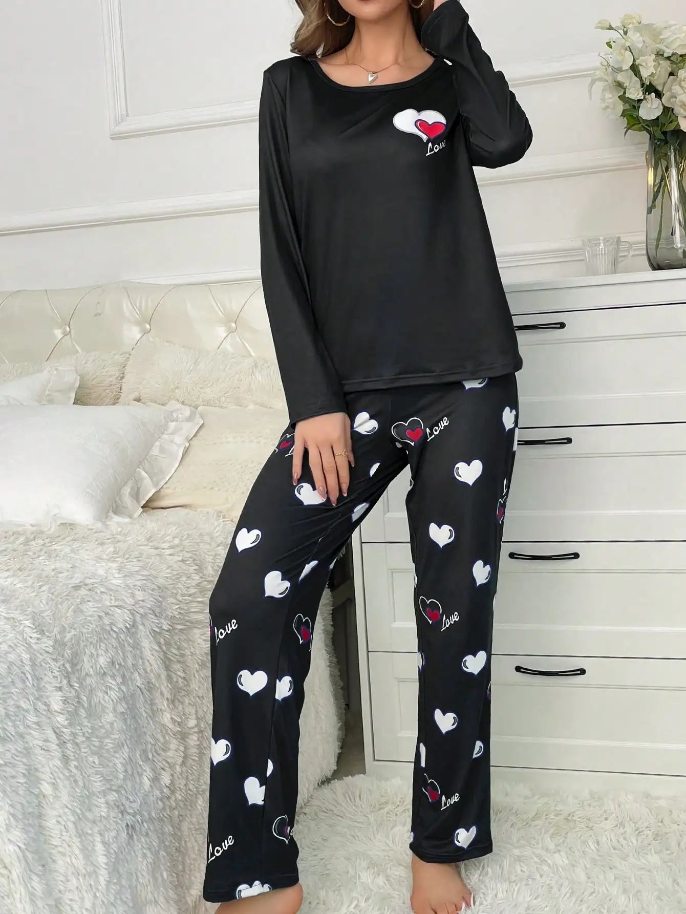 Autumn Winter Heart Print Pajamas for Women - Milk Silk Sleepwear