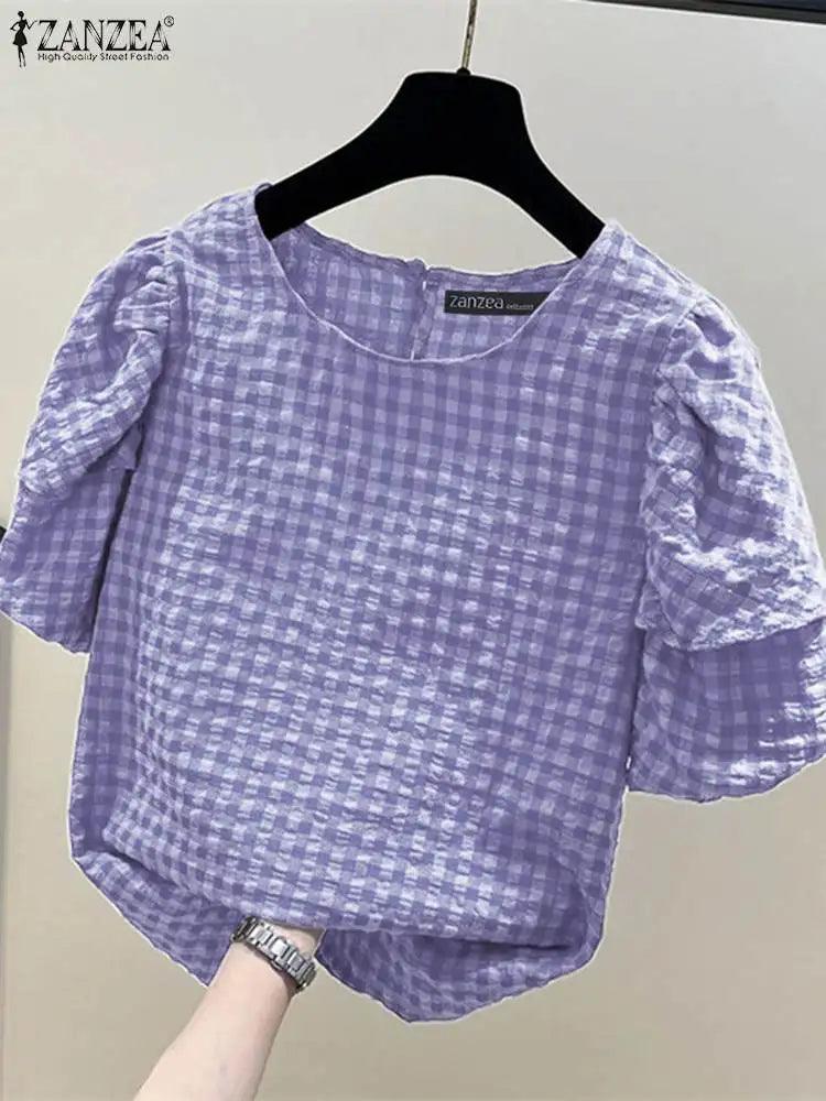 Women Casual Checked Blouses Short Puff Sleeve