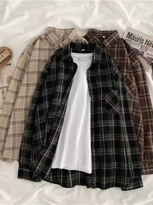 Vintage Women Plaid Shirts Autumn Long Sleeve Oversized Blouse Button Up Tops Korean Loose Casual Fall Outwear Femme Shirts