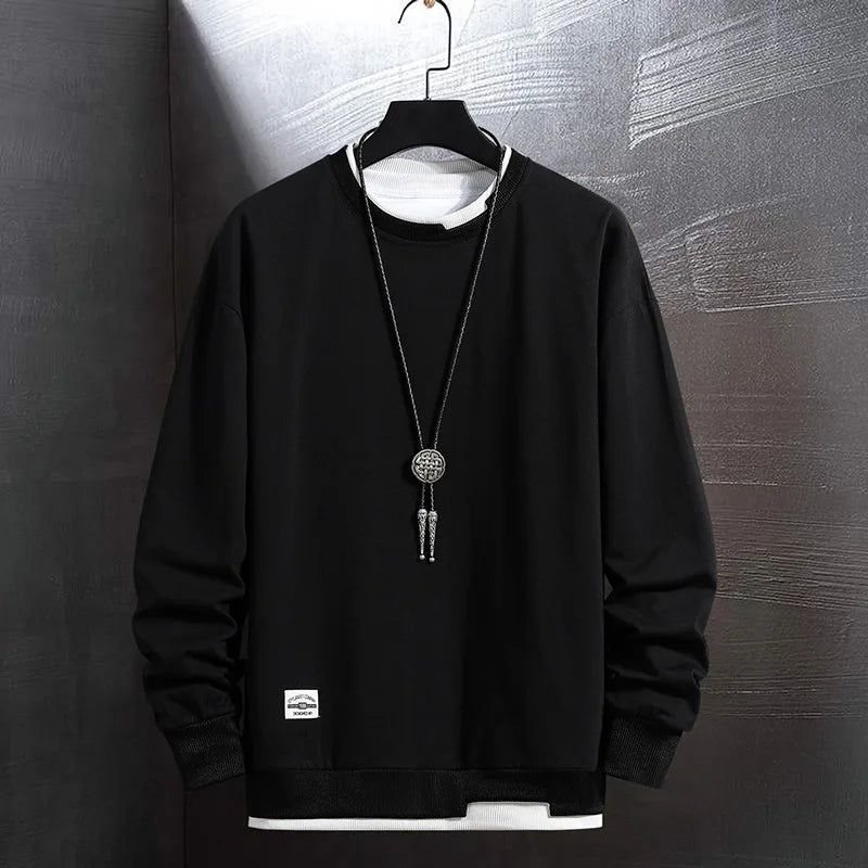 New Men's Casual Colorblock Hoodie Fake Two-Piece O-Neck Sweatshirt Harajuku Style