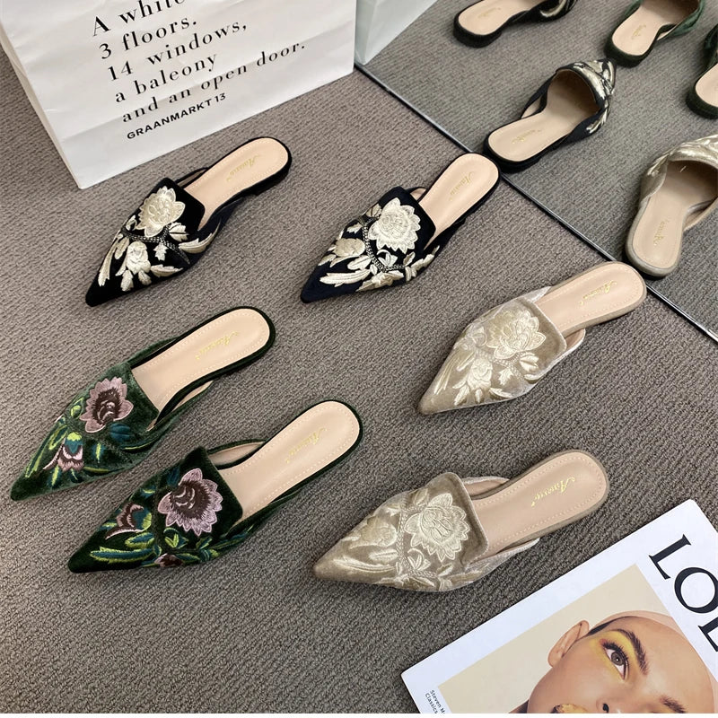 Elegant Summer Embroidered Mules - Women's Luxury Fashion Pointed Toe Flats