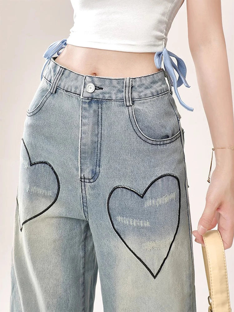 Women's Blue Cargo Jeans Harajuku - Baggy Bow Denim Trousers Vintage Streetwear