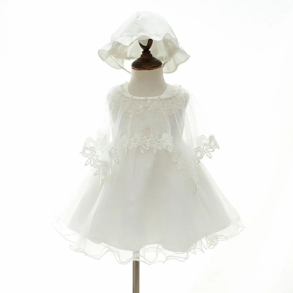 Baby Girl Christening Dress - 1st Birthday Party Outfit with Hat & Cape