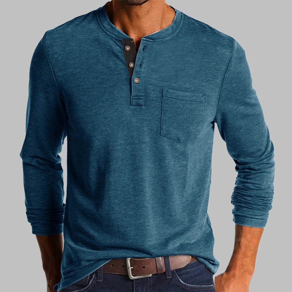 New Trend T-shirt Men Elegant Fashion Button Half Open Collar Solid Color Long Sleeve Pocket Top Men Commuter Shirts