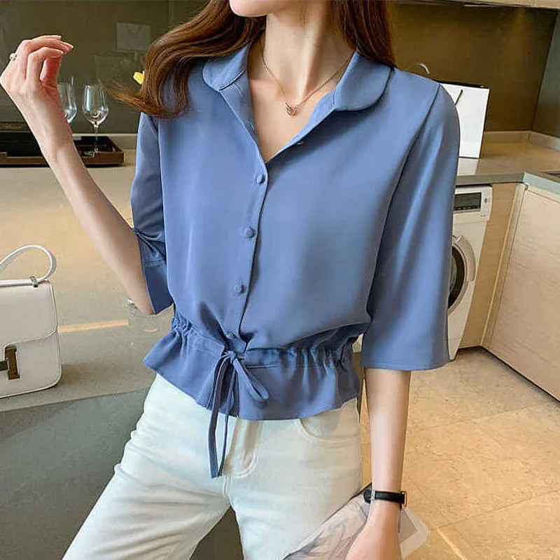 Summer Women’s Solid Chiffon Shirt – Turn-down Collar, Half Sleeve, Shirring Detail