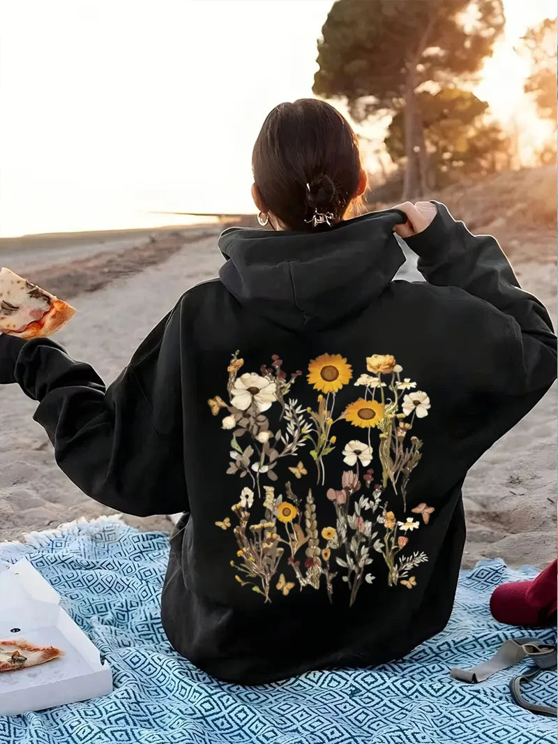 Cute Floral Print Women's Casual Fleece Hoodie