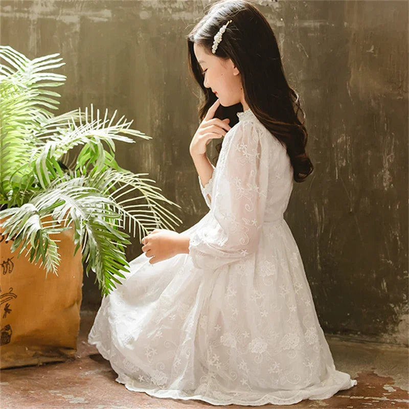 Kids' White Lace Dress - Long Sleeve Wedding & Party Dress (6-16Y)