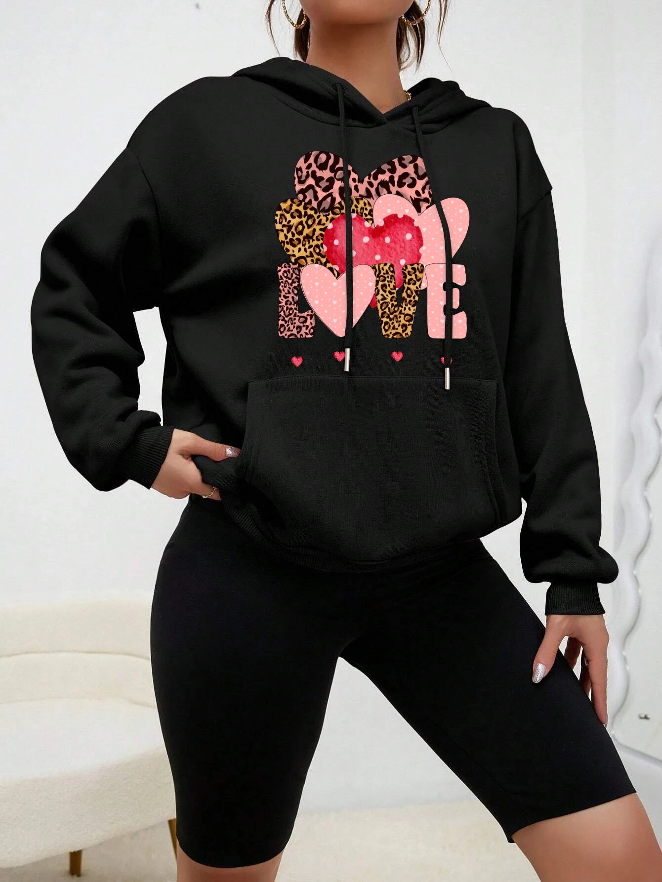 Creative Leopard Print Love Fleece Pullover Hoodie for Women