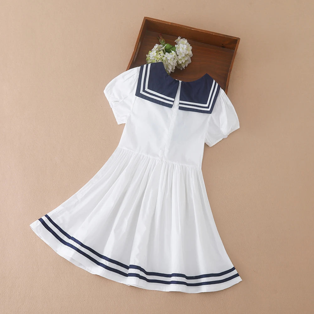 Girls' Summer Cotton Dress – Preppy Style with Bow & Turn-Down Collar