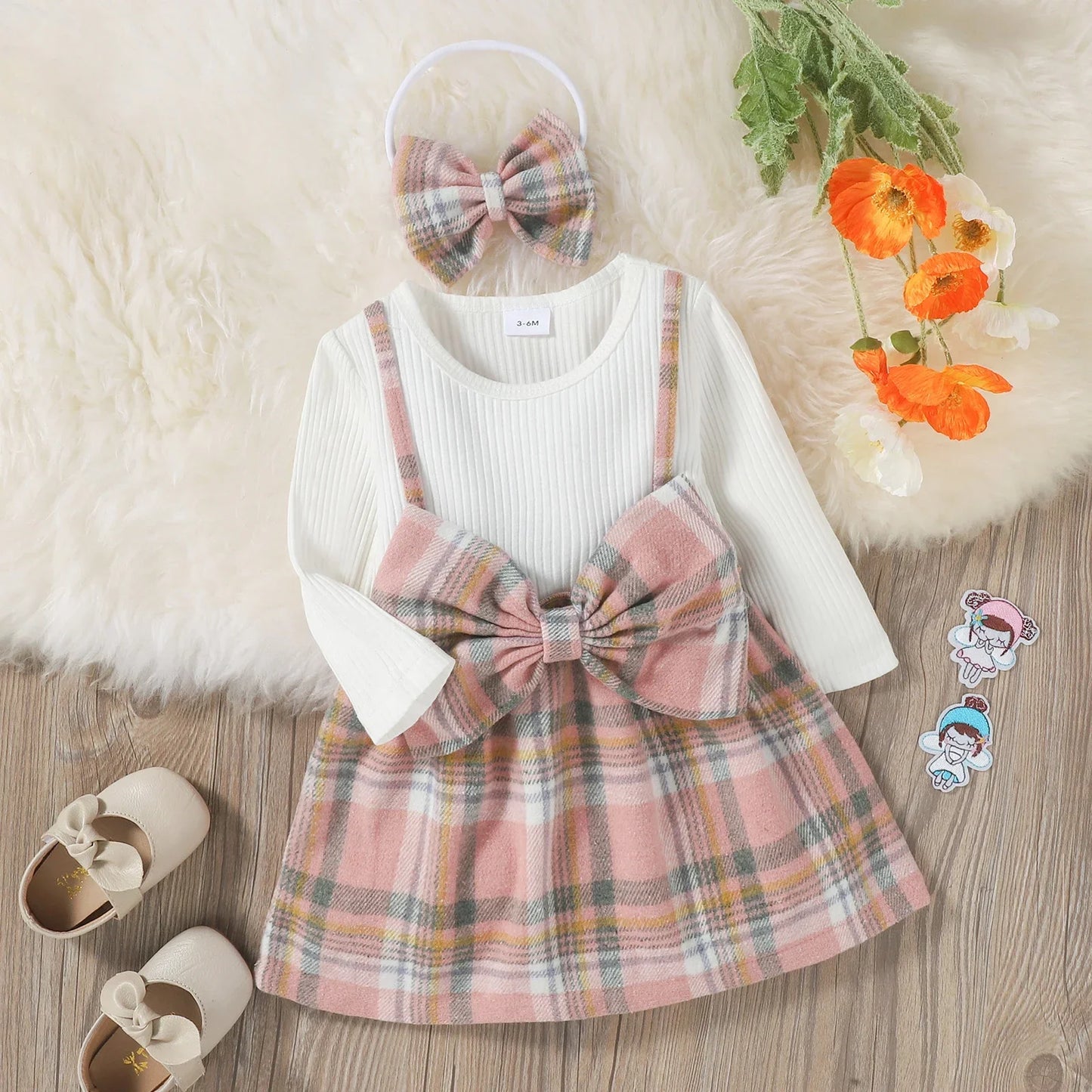 Baby Girl Pink Plaid Bow Dress Set - 2pcs