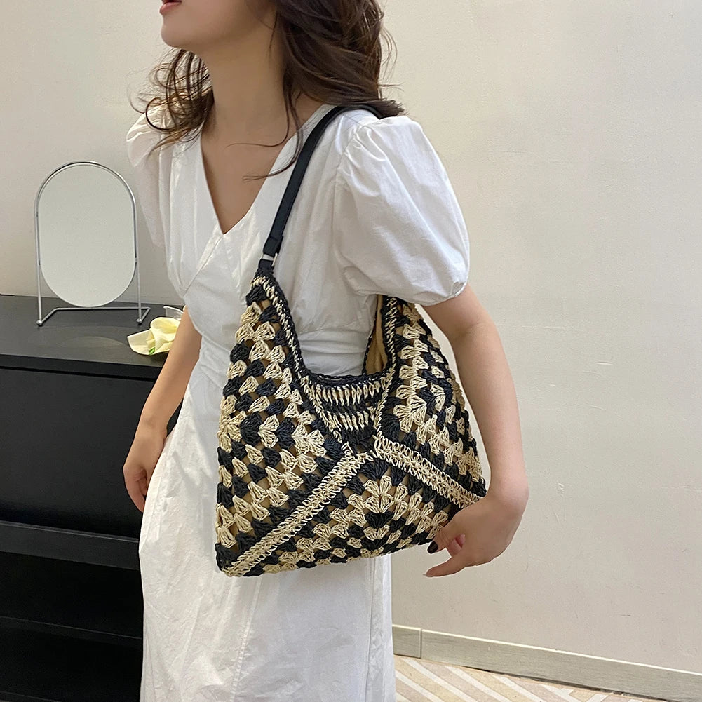 Summer Bohemian Braided Handbag Casual Tote Hollow Straw Beach Bag Woven Shoulder Bag Raffia Rattan Shopping Travel Bag