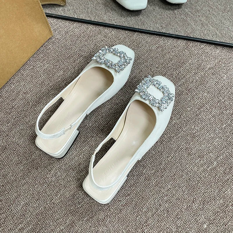 Luxury Crystal Mid Heels - Women's Chunky Slingback Sandals, Summer Party Shoes, Designer Sexy Low Heeled Slippers