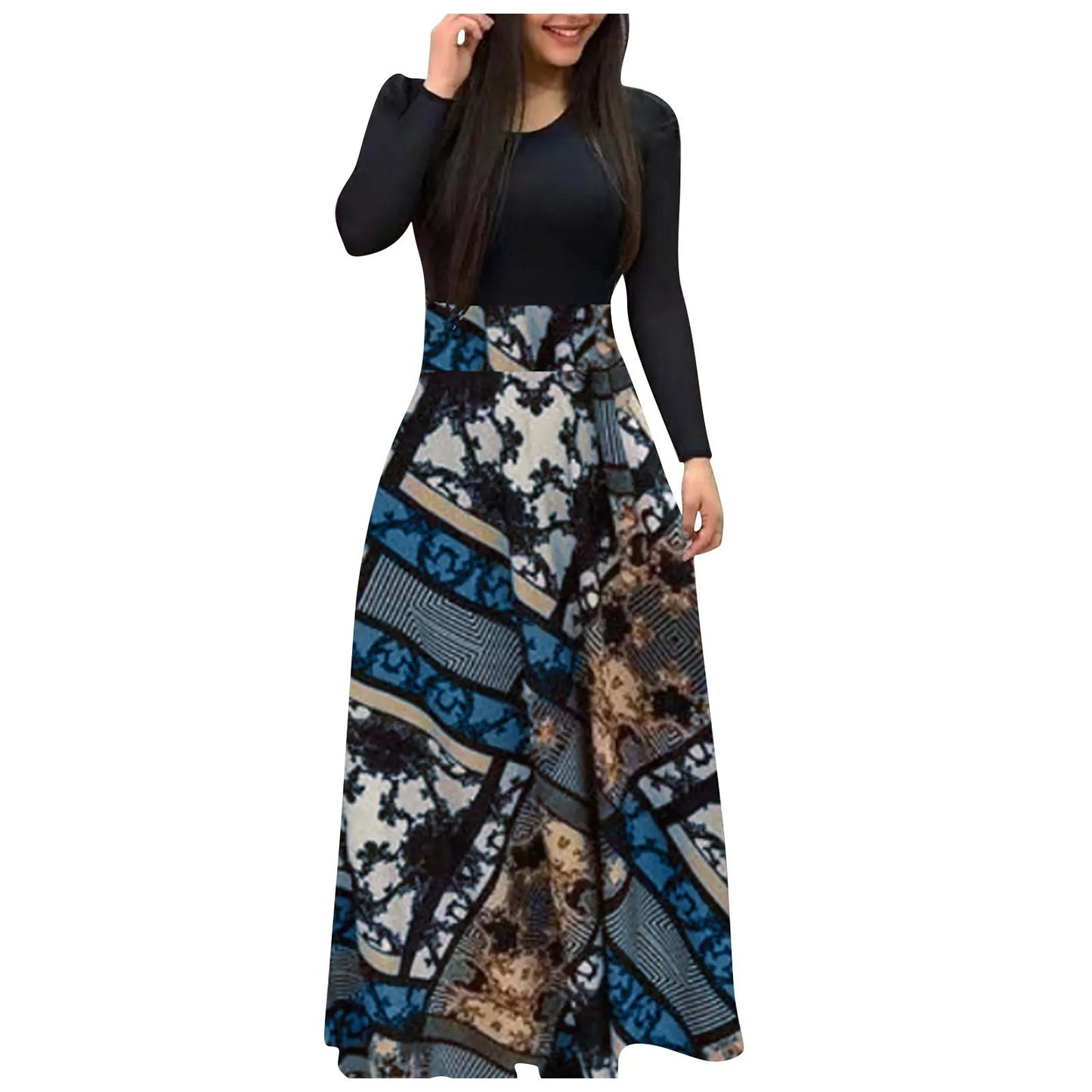 Floral Print Long Sleeve Maxi Dress - Women's Loose Holiday Wedding Party Dress