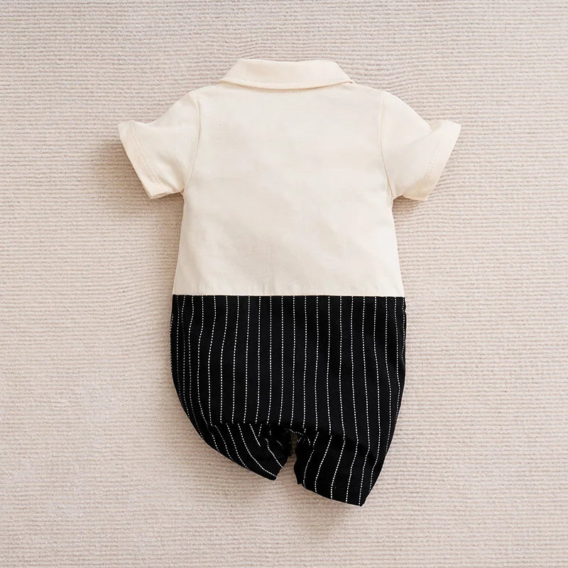 Baby Boy Apricot Bow Tie Romper - Summer Short Sleeve Jumpsuit