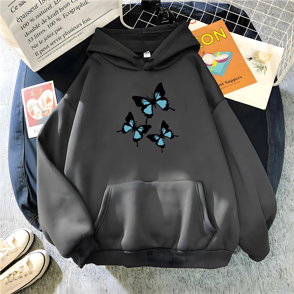 Butterflies Graphic Print Oversized Hoodie - Women's Chic Streetwear Fleece Sweatshirt