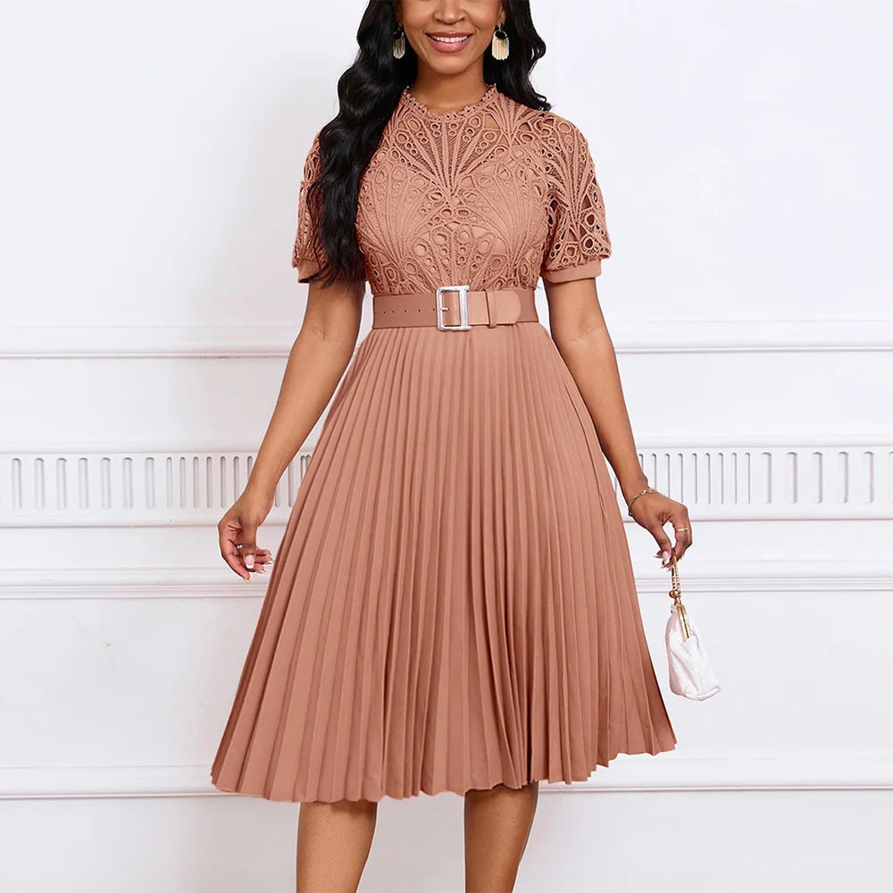 Elegant Pleated Lace Dress – O-Neck, Belted, Mid-Calf Party Dress