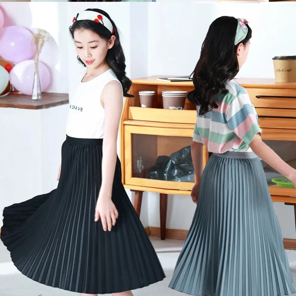 Girls' Elegant White Pleated Long Skirt