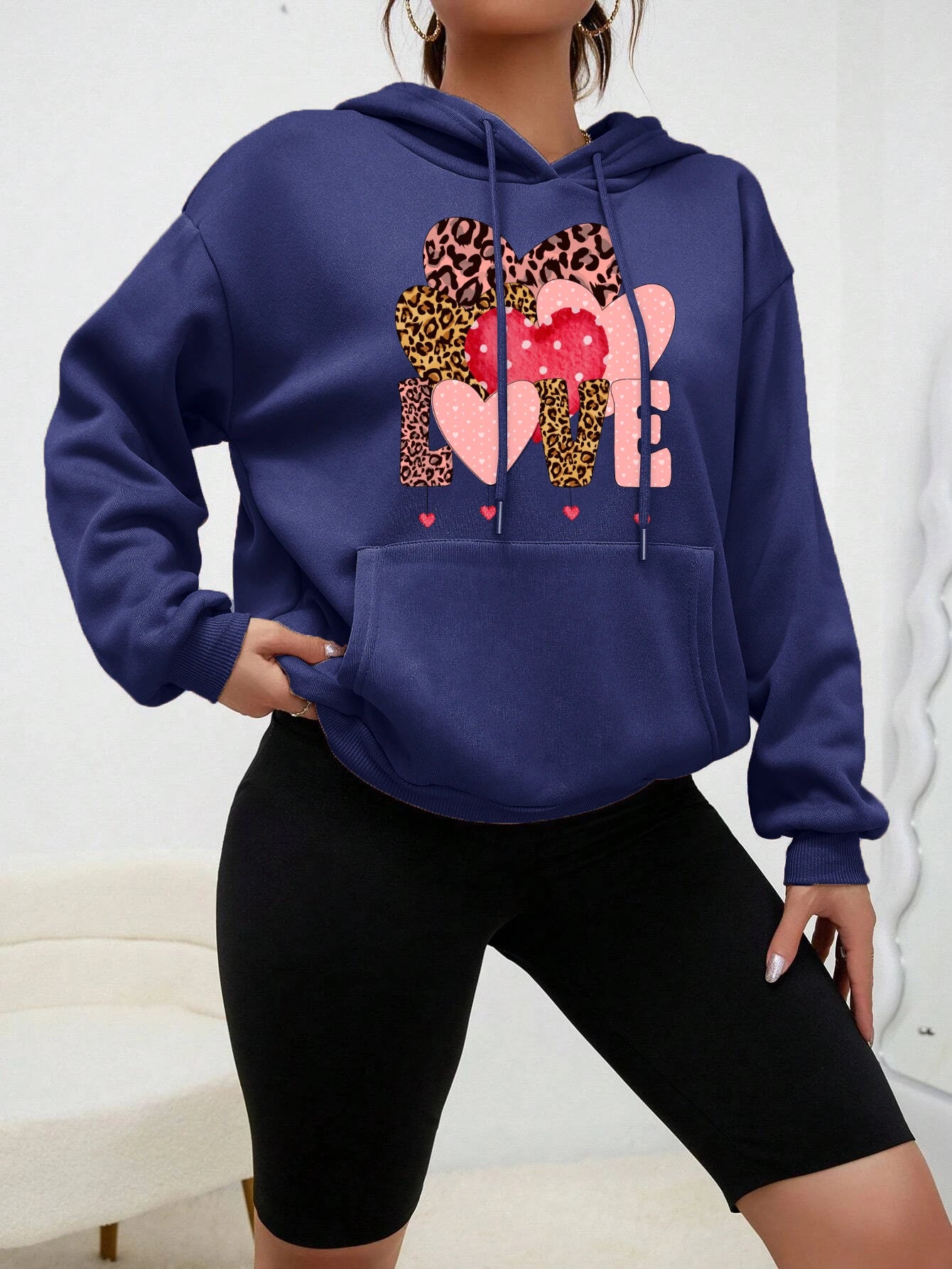 Creative Leopard Print Love Fleece Pullover Hoodie for Women