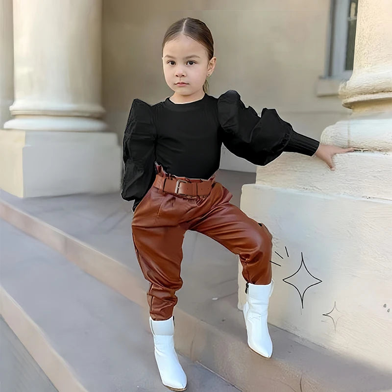 Girls' 2-Piece Puff Sleeve Blouse & PU Leather Pants Set