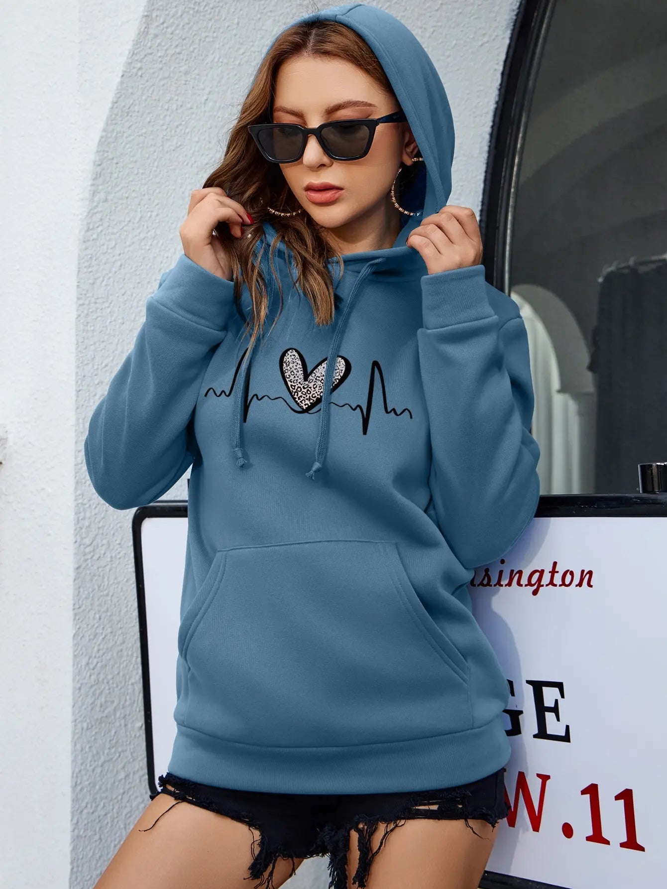 Leopard Heart ECG Pattern Women's Hoodie - Fashion Streetwear, S-XXL, Autumn