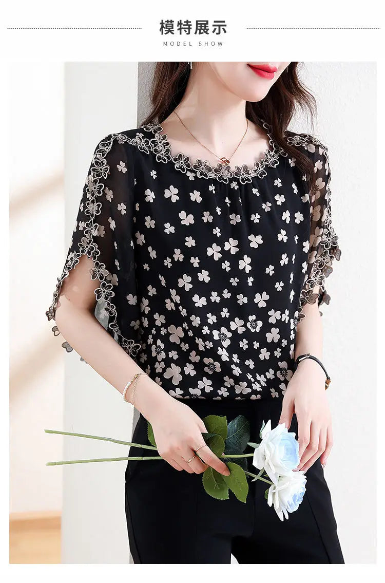 Women's Summer Elegant Chiffon Shirt – Loose Hollow Out O-Neck Short Sleeve Top for Casual All-Match Style