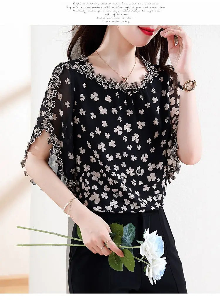 Women's Summer Elegant Chiffon Shirt – Loose Hollow Out O-Neck Short Sleeve Top for Casual All-Match Style