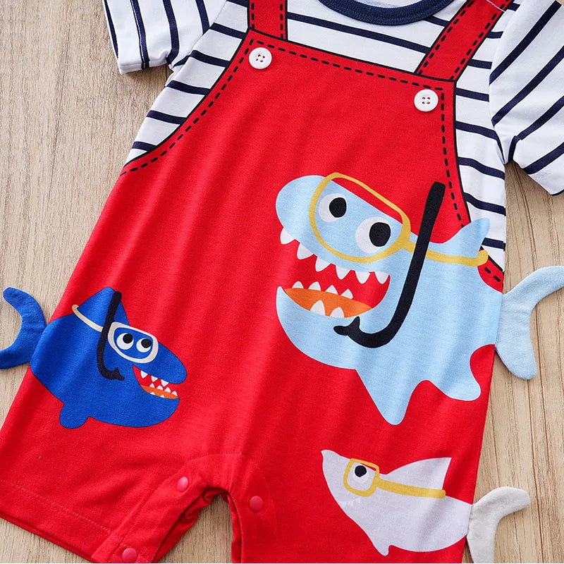 Newborn 3D Shark Print Jumpsuit – Cute Summer Strap Fake Two-Piece for Boys & Girls (0-18 Months)