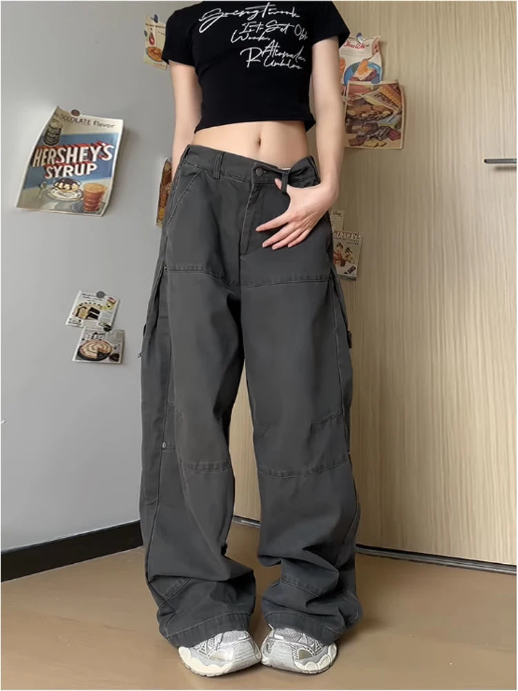 Women's Grey Baggy Cargo Jeans - 90s Y2K Vintage Denim