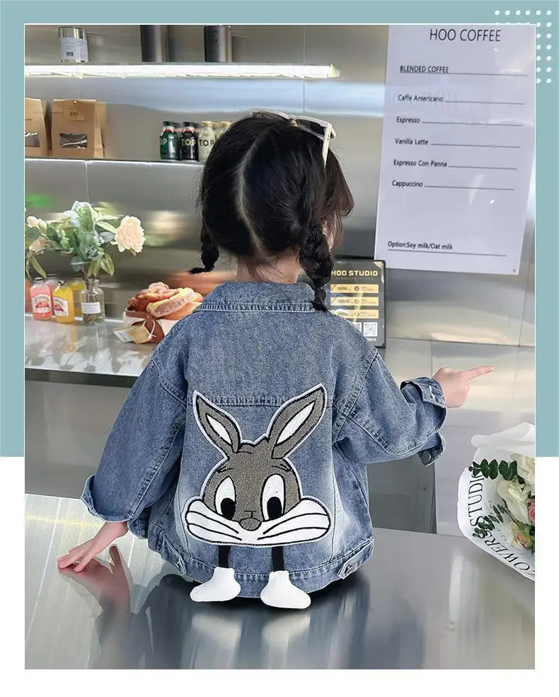 Girls' Denim Jacket – Embroidered Cartoon Rabbit Coat for Kids (Ages 2-7), Autumn Casual Outerwear