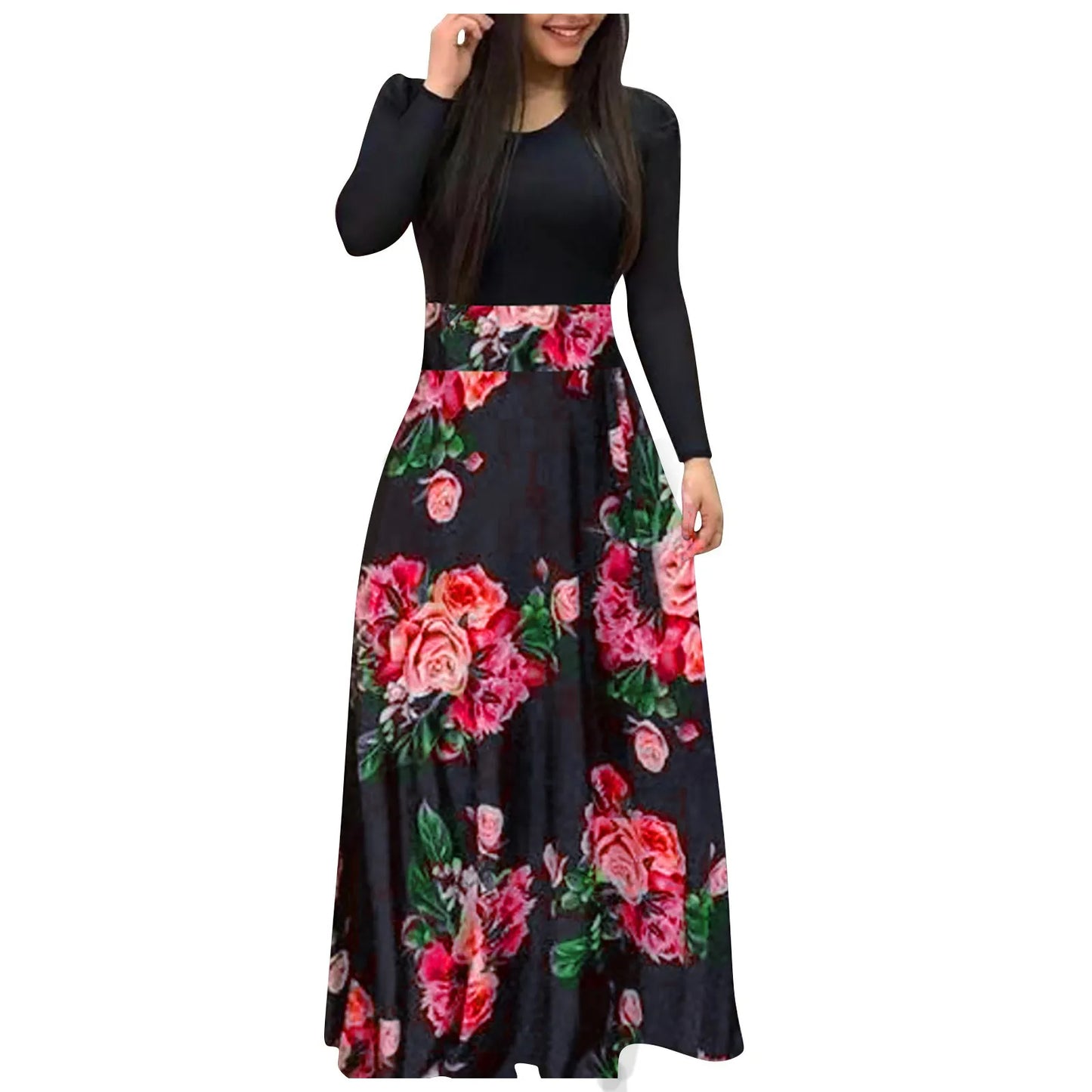 Floral Print Long Sleeve Maxi Dress - Women's Loose Holiday Wedding Party Dress