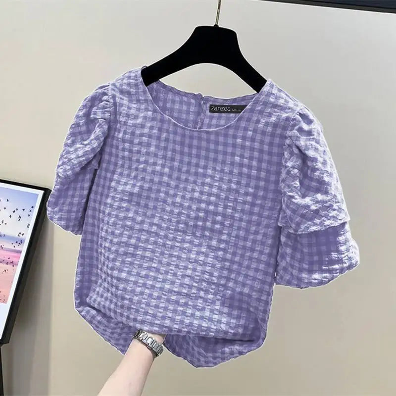 Women Casual Checked Blouses Short Puff Sleeve