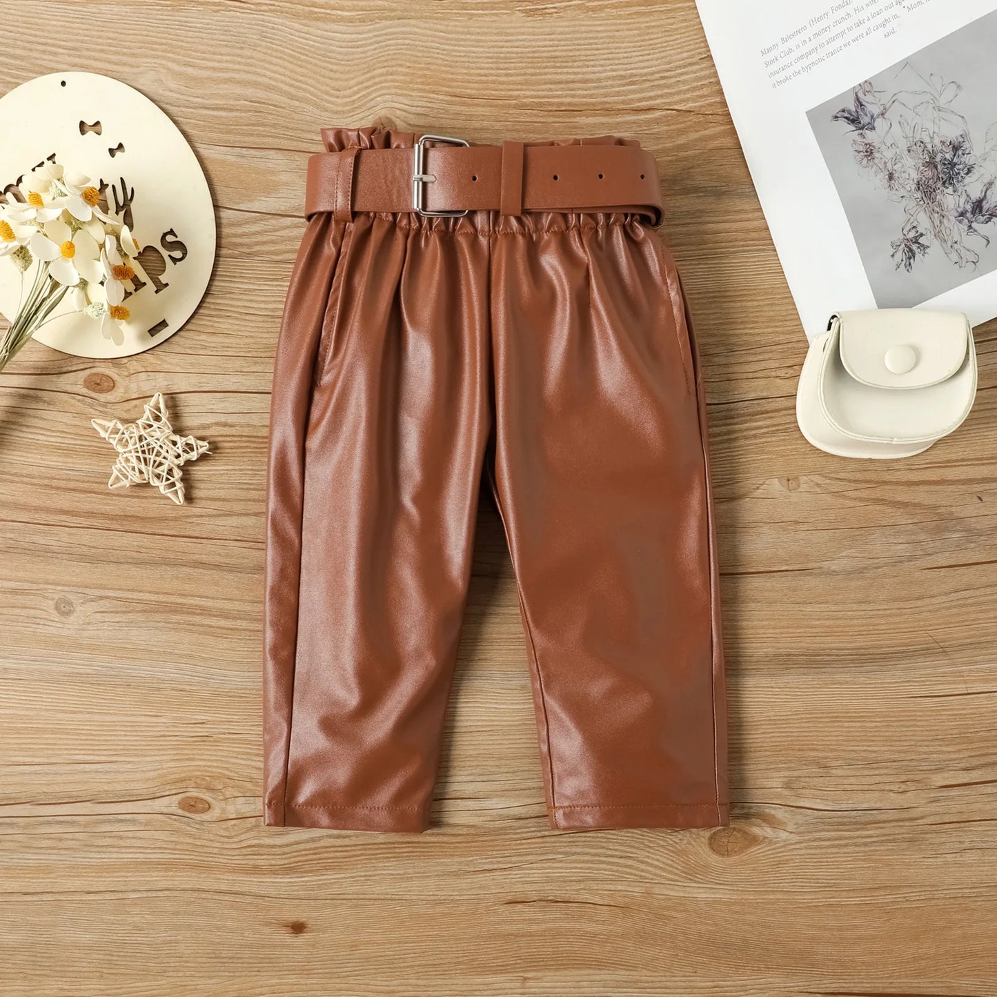 Girls' 2-Piece Puff Sleeve Blouse & PU Leather Pants Set