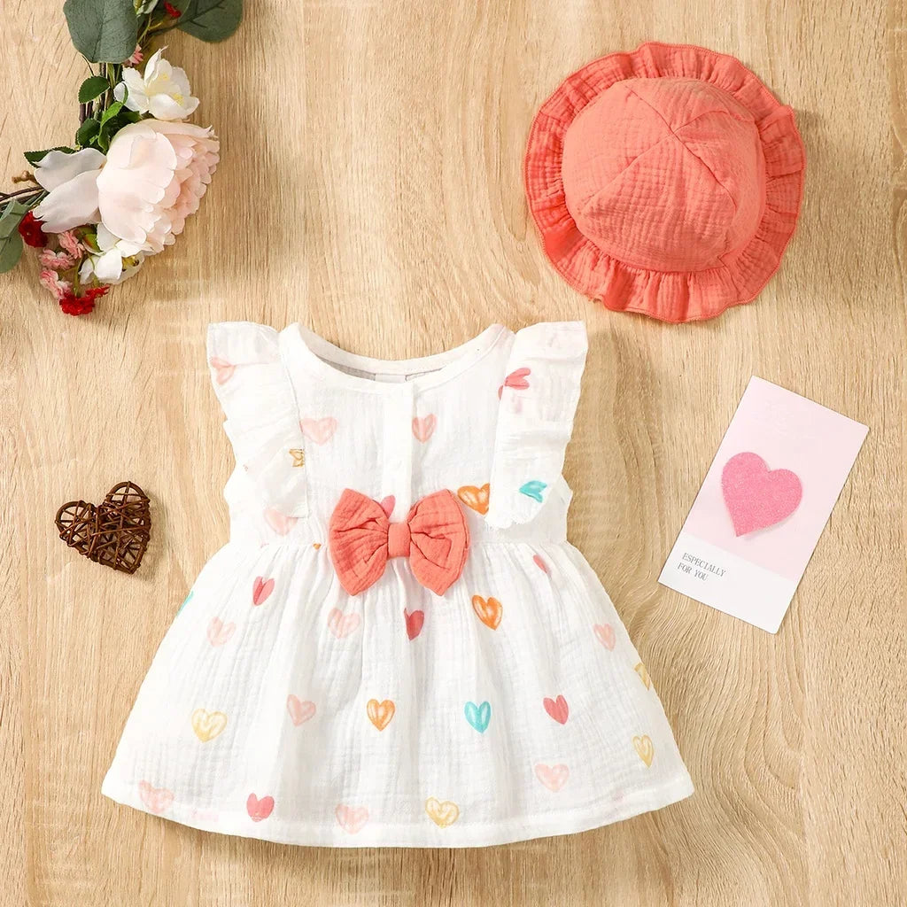 Newborn Baby Girl Cotton Dress & Hat Set – Sleeveless Love Pattern for Summer Beach (0-9 Months)