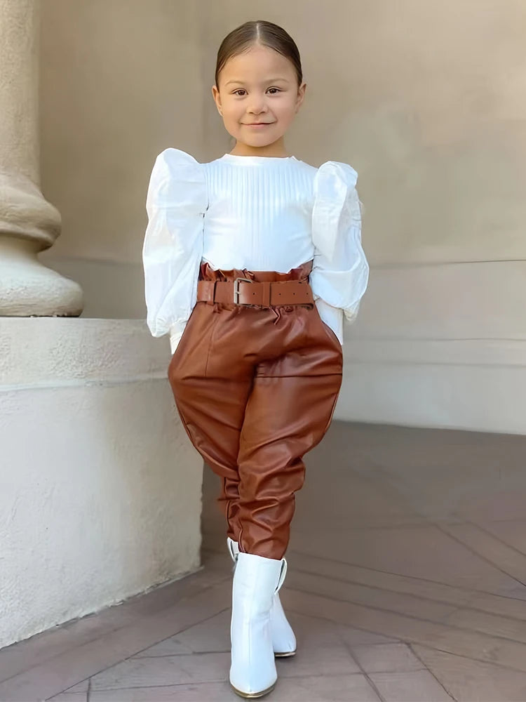 Girls' 2-Piece Puff Sleeve Blouse & PU Leather Pants Set