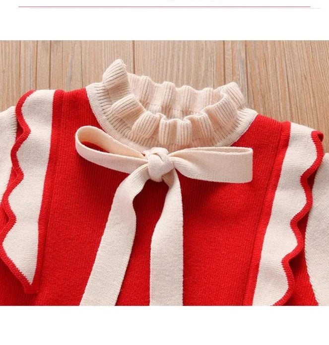 Autumn/Winter Teen Girls Bowtie Knit Sweater Dress - Holiday Style